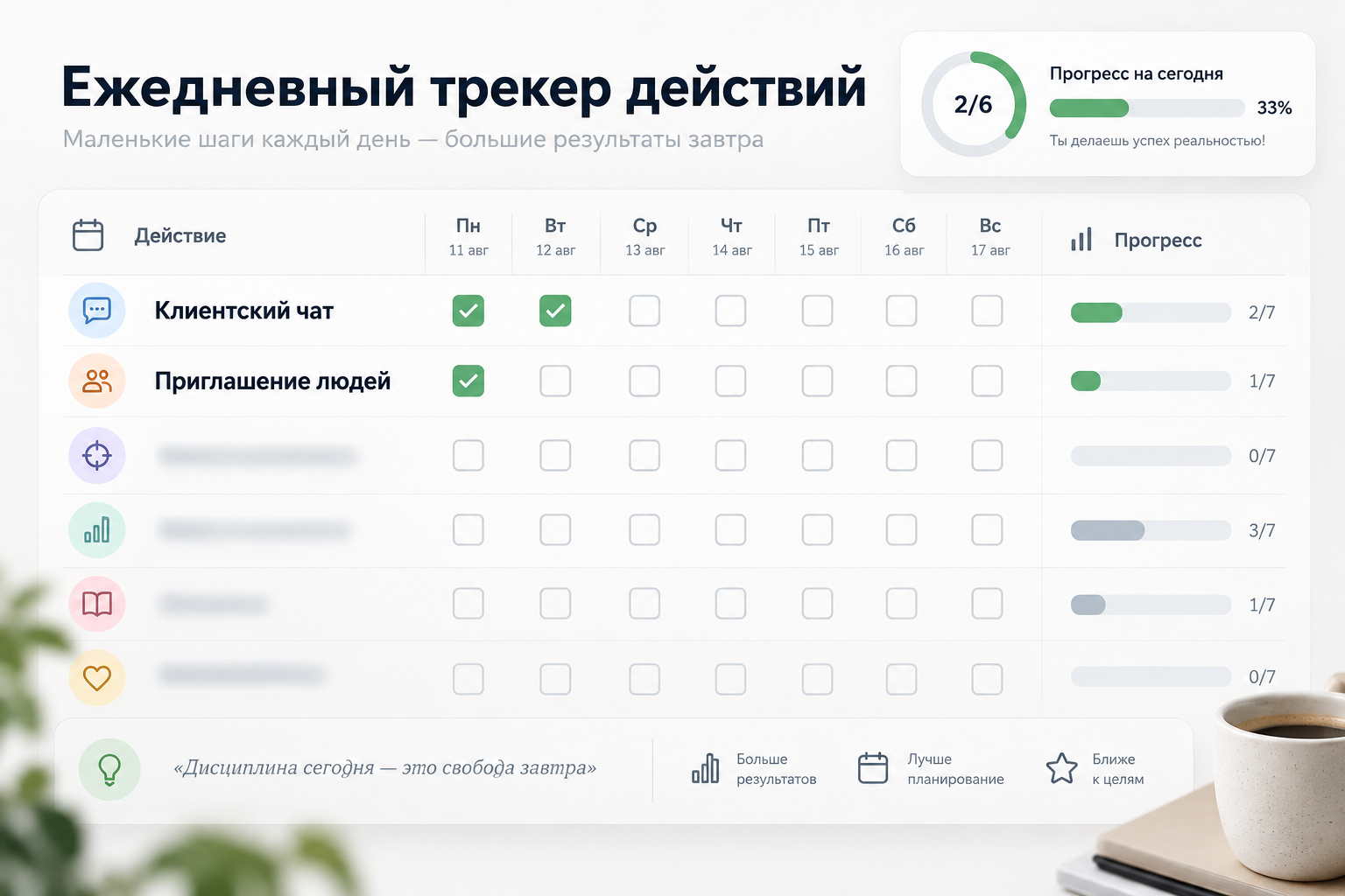 Ежедневный трекер действий партнёра Siberian Wellness в первый месяц